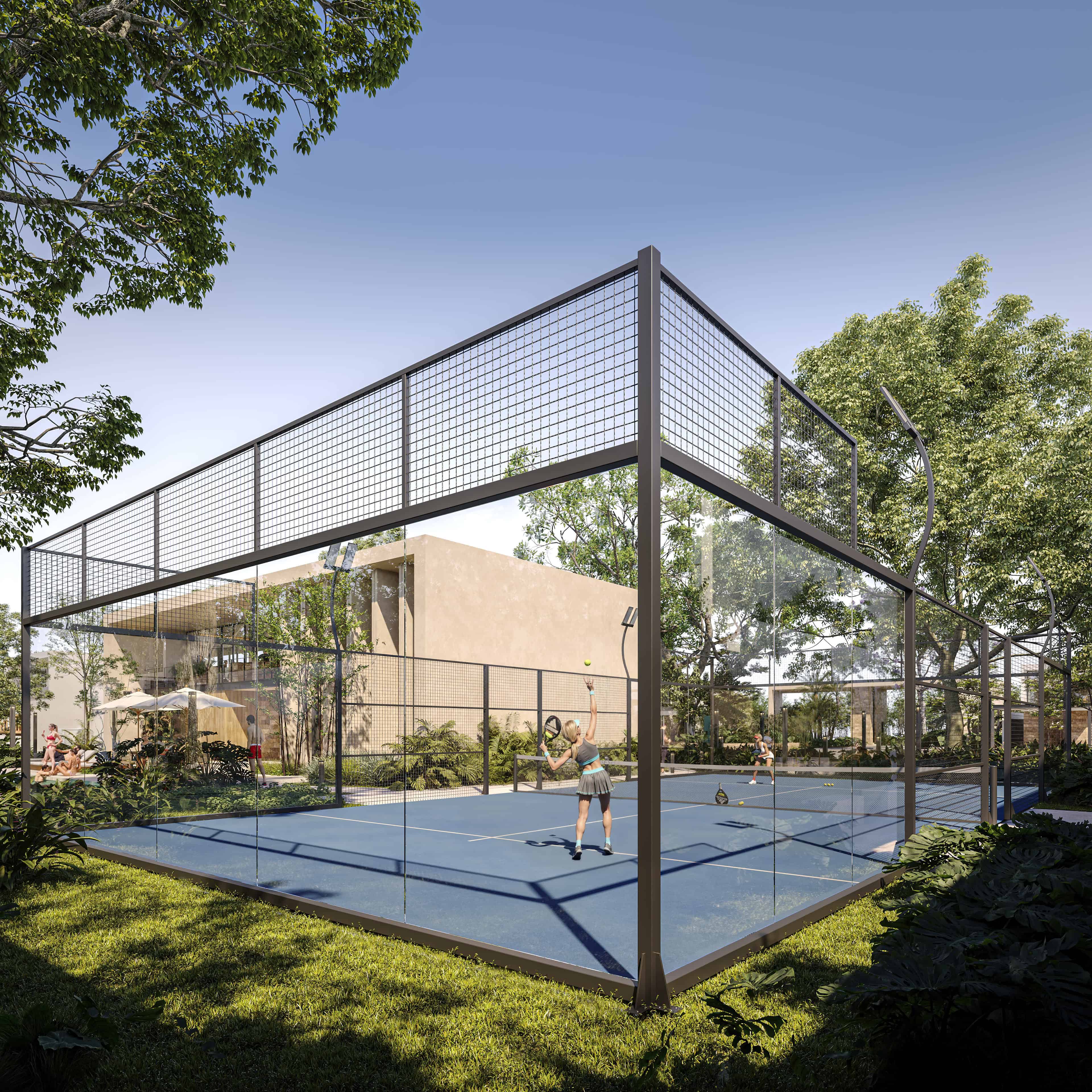 Cancha de Pádel con césped verde y cielo azul